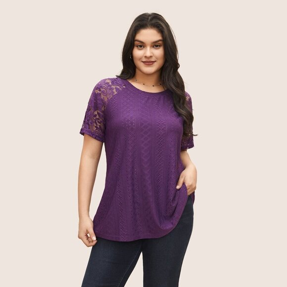 NWT BloomChic Purple Solid Broderie Anglaise Lace Raglan Sleeve T-shirt 10/M - Picture 1 of 1